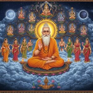 A majestic sage Kashyapa in traditional saffron robes with a radiant golden aura, seated in padmasana on a celestial lotus platform floating among cosmic clouds. His serene face bears wisdom marks, long white beard, and a third eye. Around him, in a circular mandala formation, ethereal manifestations of his thirteen wives including Aditi, Diti, and Kadru float gracefully in translucent forms wearing elegant sarees. Above him, the cosmic elements of sun, moon, and stars shimmer in deep sapphire and gold. The background features an intricate Madhubani-style family tree pattern with peacock blue and maroon branches connecting various deities and beings. Sacred creatures like nagas, garudas, and devas emerge from the branches in a modern digital art style. The scene is illuminated by soft, divine light creating a mystical atmosphere. Rich cultural motifs like om symbols, swastikas, and lotus patterns adorn the borders in gold filigree. The overall composition balances traditional Indian artistry with contemporary digital techniques, creating a surreal and spiritually powerful visual narrative.