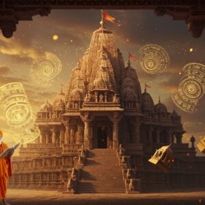 A grand ancient Indian temple complex emerging from sacred geometric patterns and golden Sanskrit architectural drawings floating in the air, featuring intricate Nagara-style architecture with towering shikhara spires. The temple structure shows precise measurements and proportions based on Vastu principles with detailed carvings of deities, animals, and geometric patterns. In the foreground, a mystical architect sage in ochre robes holding traditional measuring tools and palm leaf manuscripts, surrounded by floating 3D architectural elements showing golden ratio spirals. The scene is illuminated by divine light streaming through mandala-patterned windows, casting intricate shadows. The color palette includes deep maroons, burnished gold, and rich earth tones. Architectural details include ornate pillars, detailed friezes, and precise stone joinery techniques. The atmosphere combines historical accuracy with a surreal, ethereal quality, featuring subtle floating particles of light. The style merges traditional Madhubani patterns with modern digital art techniques, creating a harmonious blend of ancient wisdom and contemporary aesthetic.