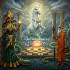 A majestic scene depicting Kadru as a regal Indian queen with snake-like features, wearing an ornate gold-threaded dark emerald green saree with intricate nagapattern embroidery. Her crown is adorned with cobra hoods, and multiple nagas emerge from her shadow. She stands confidently on one side of a cosmic chessboard-like pattern floating in space. Opposite her stands Sage Kashyapa in ochre robes with a peaceful yet concerned expression, holding his kamandalu. The background features a massive white divine horse Uchaishravas emerging from the cosmic ocean, its mane glowing with ethereal light. The scene is framed by intricately detailed Nagaloka architecture with gold and emerald pillars. Multiple small nagas in various jewel tones coil around these pillars. The lighting is dramatic with divine golden rays filtering through clouds, creating a mystical atmosphere. The art style combines traditional Pattachitra patterns with modern digital fantasy art, emphasizing rich jewel tones of emerald, gold, and royal blue. The scene includes floating lotus flowers and glowing Sanskrit symbols adding to the mystical atmosphere.