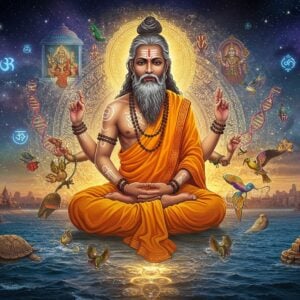 A majestic scene depicting Sage Kashyapa in deep meditation, wearing traditional saffron robes with intricate Madhubani-style patterns, floating above a cosmic ocean. His form is surrounded by a golden mandala-like aura, with his signature animals - turtles, birds, and various creatures emerging from ethereal light around him. In the background, a modern cityscape transitions seamlessly into ancient temples, symbolizing the bridge between ancient wisdom and contemporary life. The scene features floating sacred texts and Vedic symbols rendered in glowing blue light. Multiple dimensions of existence are shown through translucent layers, with Aditi and the Adityas visible in one realm. The color palette combines deep cosmic blues, spiritual golds, and earthy saffrons. Kashyapa's face shows divine wisdom with a serene expression, his hair and beard flowing with cosmic energy. Modern elements like digital circuits and DNA helixes blend naturally with traditional Pattachitra art patterns, creating a harmonious fusion of ancient and modern symbolism. The lighting is ethereal with soft glows and spiritual illumination, while sacred geometry patterns float in the space around him. Hyperrealistic digital art style with surreal elements.