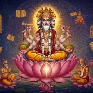 A majestic scene depicting Sage Kashyapa meditating in padmasana on a cosmic lotus emerging from Lord Brahma's navel. Brahma, with four heads wearing golden crowns, four arms holding vedas, water pot, sacred thread, and prayer beads, seated in lotus position on a grand lotus throne. The background features intricate Madhubani-style mandalas in gold and deep saffron. Ethereal light rays emanate from Brahma's form, connecting to Kashyapa through golden threads of spiritual energy. The scene is surrounded by floating vedic manuscripts with gentle blue auras. Miniature vignettes in Pattachitra style show Kashyapa's role as Prajapati. Peacock-blue and maroon accents highlight the cosmic setting. Multiple lotus flowers in various stages of bloom float around, creating depth. The overall composition has a surreal, divine quality with modern digital rendering, soft glowing effects, and a gradient background transitioning from deep indigo to celestial gold.