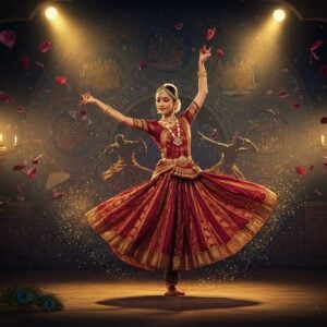 A graceful Indian female Kathak dancer in a flowing traditional Anarkali costume in deep crimson and gold, captured mid-pirouette with perfect chakkar pose, her ghungroo-adorned feet creating subtle dust particles that sparkle like gold. Her hands form precise mudras while her face expresses profound bhav. Behind her, a magnificent ethereal backdrop features intricate Madhubani-style concentric circles in peacock blue and gold, depicting various scenes from Krishna-leela. Multiple motion-trailing silhouettes of the dancer fade into the background, suggesting fluid movement. Traditional musical instruments like tabla and harmonium appear as subtle, translucent overlays. The lighting is dramatic with warm spotlights creating a mystical ambiance, while floating lotus petals and delicate peacock feathers frame the scene. The color palette combines rich traditional colors with modern metallic accents. Indian architectural elements like ornate archways and jharokhas blend seamlessly into the background. The overall composition merges classical dance elements with contemporary digital art techniques, creating a stunning visual representation of Kathak's storytelling essence.