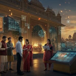 A grand, ornate modern glass-and-marble building with traditional Indian architectural elements, illuminated by warm golden light at dusk. In the foreground, a diverse group of well-dressed Indian Kayastha professionals (mix of ages, 3 men in modern business attire, 2 women in elegant fusion wear) engaged in animated discussion. They are gathered around a sleek digital display showing ancient Sanskrit manuscripts and modern networking interfaces. The scene is framed by intricate Madhubani-style border patterns in deep blue and gold. Floating translucent symbols of pen and scroll (traditional Kayastha symbols) hover in the air with a subtle digital glow. The background features a stylized cityscape blending modern skyscrapers with traditional Indian temple architecture. Soft particle effects and light rays create a mystical atmosphere. The color palette combines deep royal blues, burnished golds, and warm earthy tones. The art style merges hyperrealistic digital rendering with traditional Indian art motifs, creating a seamless blend of ancient and modern elements. The lighting should be dramatic yet warm, with subtle lens flares and volumetric lighting.