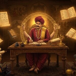 A majestic scene depicting a traditional Indian Kayastha scholar in rich maroon dhoti and golden angavastram, seated at an ornate wooden desk with intricate Madhubani-style carvings, writing with a golden quill on ancient scrolls. The background features a grand library wall with detailed Pattachitra-style artwork showing historical scenes of royal courts and administrative duties. Floating ethereal elements include glowing manuscripts, royal seals, and administrative symbols in shades of deep blue and gold. The scholar is surrounded by a soft, divine aura in peacock blue. Traditional ink pots with intricate patterns, ancient books with Sanskrit scripts, and royal documents are scattered artistically around. The lighting is warm and mystical, creating dramatic shadows. The scene is framed by a large, intricate mandala border featuring symbols of knowledge, wisdom, and administration in gold and saffron. Modern digital elements blend seamlessly with traditional art, creating a surreal atmosphere. The overall composition suggests deep knowledge, literary excellence, and administrative prowess.