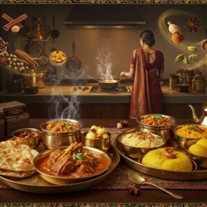 A grand traditional Indian kitchen scene with intricate Madhubani-style border patterns, featuring a luxurious brass thali laden with signature Kayastha dishes - mutton korma, yakhni pulao, and khatte meethe kaddu arranged in ornate copper and brass utensils. The thali is placed on an intricately carved wooden table with gold-threaded table runner. In the background, a sophisticated Indian woman in a rich maroon silk saree with golden border is cooking on a modern kitchen counter, surrounded by vintage spice boxes (masaladani) with traditional engravings. Floating ethereal motifs of whole spices - cardamom, cinnamon, and star anise in golden hues create a magical ambiance. The scene is illuminated by warm, diffused lighting casting a gentle glow on polished bronze and copper cookware hanging on the walls. Wisps of aromatic steam rise from the dishes, rendered in delicate gold-tinted swirls. The color palette focuses on deep maroons, burnished gold, copper, and rich earth tones. The art style combines hyperrealistic food photography with traditional Indian miniature painting elements.