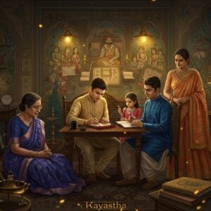 A detailed scene capturing a modern Kayastha family gathering in an elegantly designed contemporary Indian home, featuring three generations dressed in a fusion of traditional and modern attire. The focal point shows a young Kayastha man in a sleek kurta teaching his child calligraphy with an ornate pen and inkwell, symbolizing their historical connection to scholarly traditions. The background showcases intricate Madhubani-style wall art depicting scrolls, books, and administrative scenes from ancient courts. The scene is illuminated by warm, golden light streaming through modern geometric windows, creating a harmonious blend of heritage and contemporary living. Traditional brass artifacts and modern tech gadgets are tastefully arranged on carved wooden shelves. The color palette includes deep royal blue, copper, and gold accents with subtle integration of peacock motifs. The grandmother wears a traditional silk saree with delicate Lucknowi chikan work, while younger family members sport Indo-western fusion wear. A modern home office space visible in the corner displays both traditional writing instruments and a sleek laptop, symbolizing the evolution of their scholarly tradition. The overall composition has a surreal, ethereal quality with soft glowing edges and floating golden particles, rendered in a style merging traditional Indian miniature painting techniques with contemporary digital art aesthetics.