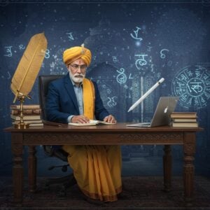 A serene composition featuring a distinguished Kayastha scholar in modern formal attire (navy blue suit) seamlessly merged with traditional Indian wear (silk dhoti), seated at an ornate wooden desk with Sanskrit manuscripts and a modern laptop. The background shows a ethereal fusion of ancient temple architecture and contemporary office space, with floating, glowing Devanagari letters transforming into binary code. A golden quill pen and modern stylus hover in the air, emanating soft light. Traditional Madhubani-style patterns in deep indigo and gold frame the scene, while translucent mandalas pulse with gentle light in the background. Soft beams of light filter through stained glass windows, creating a mystical atmosphere. The scholar's workspace includes both ancient palm leaf manuscripts and holographic displays, symbolizing the bridge between tradition and modernity. The color palette features deep blues, burnished golds, and warm browns, with accents of celestial purple. The art style combines hyperrealistic digital rendering with traditional Indian artistic elements, creating a sophisticated and spiritually resonant image.