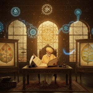A majestic ancient Indian library setting with towering ornate wooden shelves, illuminated by golden light streaming through stained glass windows featuring Chitragupta symbols. In the center, a distinguished elderly Kayastha scholar in traditional dhoti and angarkha sits at an intricately carved wooden desk, examining genealogical scrolls with Sanskrit scriptures. Around him, floating ethereal images show different Kayastha clan symbols rendered in glowing blue light. The scene features detailed pen quills, inkpots, and administrative seals reflecting the community's scribal heritage. Modern holographic projections of family trees in rich saffron and deep blue hover in the air, intertwining with traditional Madhubani-style decorative elements. The background wall features a large mandala pattern combining traditional geometric designs with DNA helix motifs in metallic gold and peacock blue. Soft glowing orbs of light illuminate ancient palm leaf manuscripts displayed in glass cases. The overall scene blends traditional Indian architectural elements with subtle futuristic touches, creating a harmonious bridge between ancient wisdom and modern understanding. Photorealistic digital art style with magical realism elements.