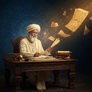A distinguished Indian Kayastha scholar seated at an ornate wooden desk with intricate Madhubani-style carved patterns, wearing a cream-colored dhoti and traditional upper garment. His hands gracefully hold a golden quill pen and ancient scrolls. The background features a seamless blend of historical and modern elements - ancient Sanskrit manuscripts floating ethereally, transformed into streams of digital data. A large, glowing mandala in shades of deep blue and gold frames the scene, incorporating traditional Hindu symbols and Persian calligraphy elements reflecting the Kayastha's multicultural heritage. The lighting is dramatic with warm golden rays filtering through, creating a mystical atmosphere. Traditional Kayastha symbols like inkpots and scrolls are reimagined in a modern, surreal style with floating geometric patterns. The scene is complemented by subtle motifs of peacock feathers and lotus flowers in rich jewel tones. Hyperrealistic digital art style with magical realism elements, emphasizing the scholarly and administrative heritage of Kayasthas through visual storytelling.