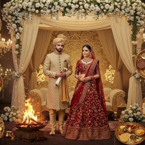 A grand traditional Indian wedding scene featuring a Kayastha bride and groom in rich, contemporary attire - the bride wearing a deep red designer lehenga with intricate gold embroidery and the groom in a modern ivory sherwani with subtle golden details. The bride holds a traditional pen and scroll, symbolizing the Kayastha community's connection to education and writing. The scene is set in a luxurious, modern mandap decorated with elegant white flowers, crystal chandeliers, and flowing fabric in champagne gold. In the background, a large ornate golden mandala pattern glows softly, merging traditional Madhubani art patterns with modern geometric designs. The lighting is warm and ethereal, creating a dreamy atmosphere with soft bokeh effects. Multiple small vignettes float around the main scene showing ritual elements: a sacred fire with golden flames, traditional Bengali-style wedding plates with elaborate food arrangements, and delicate henna designs featuring literary motifs. The color palette combines deep maroons, royal purples, and burnished golds with modern metallic accents. The overall composition has a sophisticated, contemporary feel while maintaining cultural authenticity, rendered in a style that blends traditional Indian miniature painting techniques with modern digital art aesthetics.