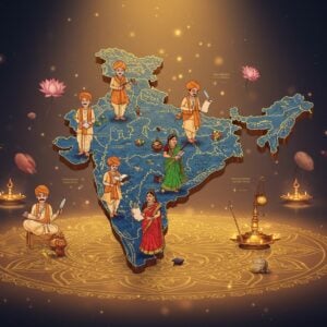 A grand, detailed map of India rendered in traditional Madhubani art style with modern digital aesthetics, floating above a luminous golden mandala background. The map features intricate patterns in deep peacock blue and saffron, with each state distinctly outlined in shimmering gold. Multiple elegant Indian figures in traditional Kayastha attire (men in dhoti-kurta and women in sarees) are positioned across different regions, representing population distribution. They are shown with scrolls, quills, and books - traditional symbols of Kayastha scholarly tradition. Sacred thread across chest for male figures. The figures have distinctive features of Indian scholars - rimmed glasses, traditional tilak, and well-groomed appearance. Surrounding the map are modern infographic-style elements rendered in glowing golden light, showing population data. The scene is enhanced with floating lotuses and swirling sacred threads in pale pink and warm gold. Soft, ethereal lighting illuminates the entire composition from behind, creating a mystical atmosphere. Modern minimalist design elements blend seamlessly with traditional art motifs. Hyperrealistic digital art style with surreal elements.
