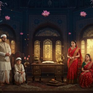 A majestic traditional Bengali mansion (thakur dala) with ornate architecture, featuring intricate Madhubani-style patterns on its walls in deep maroon and gold. In the foreground, an elegant Bengali Kayastha family dressed in traditional attire - men wearing pristine white dhoti-punjabi with sophisticated glasses symbolizing their scholarly nature, women in rich silk sarees with red borders. They are surrounded by cultural symbols - ancient manuscripts, quills, and accounting books reflecting their historical role as scholars and administrators. The scene is illuminated by warm, golden light filtering through ornate windows, creating a ethereal atmosphere. Traditional Bengali elements like brass utensils, old wooden furniture, and a vintage desk with Persian and Sanskrit scrolls add authenticity. The background shows a subtle blend of Hindu and Muslim architectural influences, representing Bengal's syncretic culture. The color palette focuses on deep blues, rich maroons, and golden accents, with intricate patterns inspired by traditional Bengali alpona designs. The overall composition has a surreal, dreamlike quality with floating lotus motifs and soft glowing mandalas in the background. Art style combines hyperrealistic details with ethereal digital effects, creating a modern yet culturally rooted aesthetic. The scene is framed by blooming krishnachura trees, adding a touch of Bengal's natural beauty.