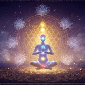 A serene Indian yogi in padmasana pose, floating above a large, intricate Sri Yantra mandala that emanates golden light. The yogi's body is semi-transparent, revealing seven glowing chakras aligned vertically. Eight ethereal, translucent lotus flowers orbit around the yogi, each representing the eight limbs of yoga. The background features a gradient of deep indigo to soft lavender, with subtle sacred geometry patterns. Delicate golden threads connect the lotus flowers, forming an interconnected web of wisdom. The scene is adorned with wispy, incense-like smoke trails in shades of saffron and white. Small, luminescent particles float in the air, creating a mystical atmosphere. The yogi wears minimal, flowing white garments with gold accents. Traditional Madhubani-style border patterns frame the entire composition, featuring peacocks and lotus motifs in gold and deep blue. The lighting is soft and ethereal, with a prominent glow around the yogi's head suggesting enlightenment. The art style combines digital sophistication with traditional Indian artistic elements, creating a modern yet spiritually authentic visualization.