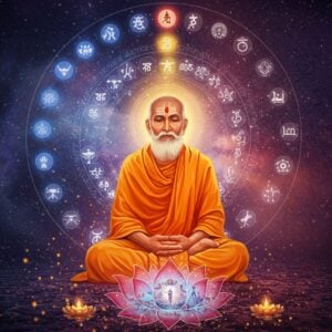 A serene Indian sage in traditional saffron robes seated in padmasana against a cosmic backdrop, where the left half represents Purusha (consciousness) depicted as pure white light and energy streams, while the right half represents Prakriti (matter) shown through intricate geometric patterns in deep indigo and gold. The sage's aura emanates concentric rings of the three gunas - sattva (golden), rajas (red), and tamas (dark blue). Twenty-five tattvas of Samkhya float as luminous sacred geometry symbols around the sage in a spiral pattern. In the foreground, a stylized lotus emerges from primordial waters, its petals containing microscopic scenes of evolution from subtle to gross elements. The art style merges traditional Madhubani patterns in the borders with modern digital art techniques, creating a surreal yet profound atmosphere. Soft ethereal lighting bathes the scene, with subtle golden particles floating in the air. The color palette focuses on deep maroons, celestial blues, and radiant golds.