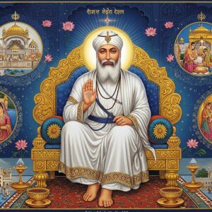 A luminous portrait of Guru Ram Das Ji seated on an ornate golden throne, wearing pristine white robes with intricate Madhubani-style border patterns. His serene face radiates divine light, with a long flowing white beard and a traditional white turban adorned with a ceremonial plume. In his hands, he holds the Guru Granth Sahib. Around him, four circular vignettes float like celestial orbs, each depicting key moments: the founding of Amritsar with the sacred pool, his marriage to Bibi Bhani, the construction of Harmandir Sahib in golden hues, and him blessing devotees. The background features a massive mandala in peacock blue and gold, with Gurmukhi patterns subtly woven into its design. Floating lotus flowers and sacred symbols surround the scene. The art style combines traditional Sikh miniature painting techniques with modern digital art aesthetics, using a color palette of deep royal blue, saffron, gold, and pure white. Rays of divine light emanate from behind Guru Ram Das Ji, creating a supernatural glow. The scene is framed by intricate architectural elements inspired by Harmandir Sahib.
