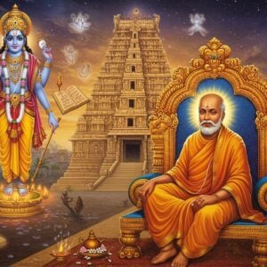 A majestic digital illustration showing Sri Ramanuja in detailed traditional acharya attire with tilak and flowing saffron robes, seated in padmasana on an ornate golden lotus throne. Behind him rises a large, ethereal Sri Vaikuntha temple structure with intricate Dravidian architecture. Sacred texts like Vedanta Sutras and Divya Prabandham float around him, depicted as glowing ancient manuscripts with Tamil and Sanskrit scripts. A radiant form of Lord Vishnu appears in the background, four-armed, holding sankha, chakra, gada and padma, bathed in divine light. The scene features mystical elements like floating mandalas, sacred symbols of Vishishtadvaita philosophy including the pranava, and streams of consciousness showing the relationship between jiva, jagat and Ishvara. The color palette combines deep spiritual colors - saffron, royal blue, and gold, with modern gradient effects. Soft particle effects and lens flares add a contemporary divine atmosphere. The art style merges traditional Thanjavur painting techniques with modern digital art, creating a harmonious blend of classical and contemporary aesthetics.