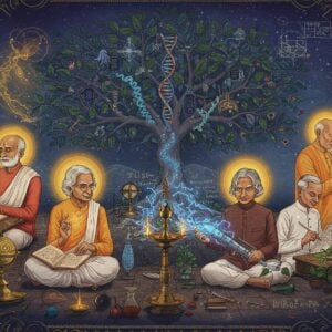 A grand ethereal scene featuring five prominent Indian scientists in a celestial laboratory setting, each glowing with divine aura -- Aryabhata studying celestial spheres with intricate golden calculations floating around him, C.V. Raman with crystalline prisms and light beams creating rainbow patterns, A.P.J. Abdul Kalam holding a modern rocket model emanating blue energy streams, Jagadish Chandra Bose with mystical plant research apparatus surrounded by responsive plants, and Srinivasa Ramanujan writing mathematical formulas that transform into constellation patterns. The background features a massive Madhubani-style tree of knowledge with branches morphing into DNA helixes, circuit boards, and astronomical symbols. Floating ancient palm leaves transition into modern digital screens. The scene is illuminated by a combination of traditional brass oil lamps and futuristic holographic projections in deep indigo and gold. Intricate mandala patterns with mathematical symbols and scientific instruments form a frame. The style merges traditional Indian art with modern digital aesthetics, using rich colors like deep blue, burnished gold, and copper, with glowing accents. The entire scene should have a surreal, dreamlike quality with swirling streams of sacred geometry and scientific formulas.