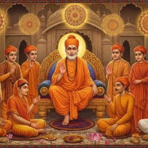 A majestic spiritual gathering scene showing Sant Ramananda seated on an ornate golden throne in the center, wearing saffron robes with intricate Vaishnava tilak on his forehead, radiating divine light. Around him, arranged in a semi-circle, are his prominent disciples including Kabir (wearing simple white clothes), Ravidas (in traditional craftsman attire), Dhanna, Pipa, and other key followers, each with distinct Indian features and period-appropriate clothing. The background features a grand temple architecture with Ram-darbar motif in Madhubani style. Floating mandalas and Vaishnava symbols (including shankha, chakra) appear ethereally in the air. The scene is illuminated by warm golden light with hints of saffron and deep maroon. Lotus flowers and sacred tulsi plants frame the composition. The art style combines traditional Pattachitra patterns with modern digital art techniques, creating a harmonious blend of ancient and contemporary aesthetics. The overall atmosphere conveys deep spirituality and guru-shishya tradition with photorealistic details and soft glowing aura around the saints.