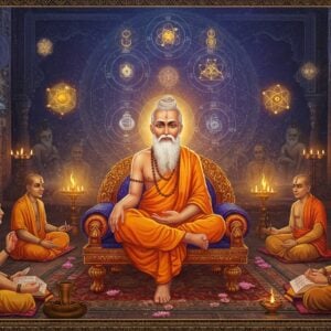 A majestic ancient Indian philosophical gathering scene featuring Maharishi Kanada, depicted as a wise sage with grey beard, wearing saffron dhoti and angavastram, seated in padmasana on an ornate golden throne. He's surrounded by sacred geometry patterns and floating atoms (anu) visualized as golden spheres. Behind him, a large intricate mandala in deep indigo and gold contains six interconnected circles representing the categories of Vaisheshika. The scene includes multiple levels of reality shown as translucent layers, with ethereal floating crystals and elements symbolizing dravya. The lighting is mystical with warm golden rays filtering through, creating a divine atmosphere. In the background, other philosophers in traditional Indian garments are seated in contemplation. The art style combines traditional Madhubani patterns in the borders with modern digital art techniques, using a color palette of deep maroon, royal blue, burnished gold, and saffron. Sacred symbols like the Om and swastika are subtly incorporated into the geometric patterns. The overall composition suggests depth of knowledge and spiritual wisdom.