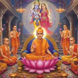 A mystical gathering of Nimbarka saints, centered around Sri Nimbarka himself seated in padmasana on an ornate golden lotus throne, wearing saffron robes with intricate Vaishnava tilak on his forehead. He's holding sacred texts in two hands while his other hands form mudras. Behind him, a massive ethereal Radha-Krishna deity emerges from a glowing mandala, radiating divine light in soft pastels of pink and blue. The scene is set in a celestial temple courtyard with ornate pillars adorned with traditional Madhubani-style paintings. Surrounding Nimbarka are his prominent disciples including Srinivasa, Visvacharya, and Madhvacharya, each depicted with distinct features and seated on smaller lotus platforms. The atmosphere is filled with floating lotus petals and subtle golden light streams. The background showcases intricate patterns of the Sudarshana Chakra and other Vaishnava symbols in a contemporary digital art style. The color palette combines deep maroons, saffron, and peacock blues with modern metallic gold accents. Photorealistic details in the faces and fabrics, merged with surreal spiritual elements. The composition creates a sense of timeless wisdom and divine succession.