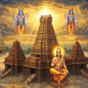 A majestic aerial view of five interconnected ancient South Indian temples with towering gopurams, rendered in Dravidian architecture style, emerging from a mystical golden mist. The central temple, representing Srirangam, features an ornate 100-foot tall golden gopuram with intricate Vaishnava symbols. The temples are connected by glowing spiritual threads of light in saffron and white. In the foreground, a detailed, luminous figure of Sri Ramanuja in traditional white dhoti and upper garment, seated in padmasana with his right hand in chin mudra, radiating divine energy. Behind him, ethereal manifestations of Lord Vishnu in different forms (Ranganatha, Venkateshwara) appear as translucent, glowing forms. The scene is enhanced with floating lotus flowers, geometric Vedic patterns, and swirling mandalas in deep peacock blue and gold. The lighting is dramatic with rays of divine light streaming through clouds, creating a mystical atmosphere. The art style combines hyperrealistic architectural details with ethereal spiritual elements, featuring a color palette of deep maroons, royal blues, and radiant golds. Small groups of devotees in traditional South Indian attire can be seen circumambulating the temples, their forms creating subtle movement in the composition.
