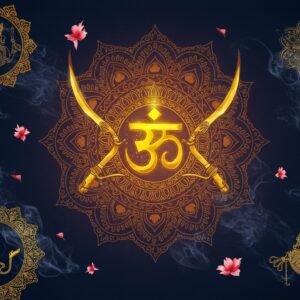 A majestic golden Khanda emerging from a glowing lotus mandala, centered against a deep midnight blue background. The Khanda's double-edged sword gleams with ethereal light, flanked by two curved kirpans in traditional Pattachitra art style. The chakkar (circle) radiates with intricate Madhubani patterns in saffron and gold. Around the central Khanda, four smaller representations of the symbol appear, each styled in different cultural artistic traditions - Persian miniature style with delicate floral motifs, Tibetan thangka-inspired with turquoise and coral accents, Sanskrit-era temple art style with ancient geometrical patterns, and contemporary digital art with gradient colors and light effects. Floating peacock feathers, jasmine flowers, and geometric mandalas create a dynamic border. The scene is illuminated by soft, divine light streams in shades of gold and silver. Subtle smoke wisps in deep blue and purple add depth and mystery. The overall composition maintains perfect symmetry with a blend of traditional and modern elements, creating a harmonious fusion of cultural aesthetics.