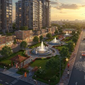 An aerial view of a modern Indian residential township at golden hour, featuring elegant high-rise apartments with glass facades reflecting warm sunlight. The scene showcases meticulously planned roads with traditional Madhubani-style patterns integrated into the street design. In the foreground, a bustling marketplace with contemporary shops adorned with intricate Pattachitra-style decorative elements. The central community park features a large mandala-shaped fountain surrounded by lush gardens with blooming lotus flowers. Indian families in modern attire are seen enjoying various amenities - some at a state-of-the-art gym visible through large windows, others at an outdoor yoga pavilion with geometric patterns. Electric vehicles with Indian design elements move along tree-lined streets. The sky shows a gradient of peacock blue to warm gold, with stylized clouds inspired by traditional Indian art. Modern street lights with lotus-shaped luminaires illuminate the pathways. The overall scene combines ultramodern architecture with traditional Indian aesthetic elements, rendered in a photorealistic style with enhanced lighting effects.