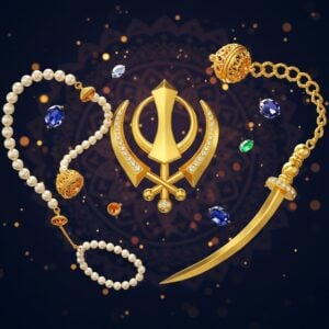 A detailed close-up of an exquisitely crafted golden Khanda pendant suspended in mid-air, with intricate filigree work and small embedded diamonds. The Khanda's double-edged sword gleams in polished gold, flanked by perfectly symmetrical curved kirpans. The chakkar (circle) is adorned with delicate paisley patterns. Behind the Khanda, a mandala-inspired backdrop radiates in concentric circles of deep navy blue and royal purple, with subtle Gurmukhi patterns. Floating around the Khanda are elements of traditional Sikh jewelry - pearl strands, kundan pieces, and small gems in sapphire blue and emerald green. The scene is illuminated by warm, ethereal light creating a sophisticated play of shadows and highlights on the metalwork. Soft particles of golden light float in the space, giving the composition a mystical quality. The style combines photorealistic jewelry rendering with Indian miniature painting techniques, featuring rich metallics and jewel tones. The background has a subtle gradient from deep blue to midnight black, emphasizing the golden Khanda's prominence.