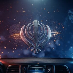A stunning 3D metallic Khanda symbol floating in mid-air, its polished steel surface reflecting rainbow light patterns. The central double-edged sword gleams brilliantly, flanked by perfectly detailed chakras and kirpans. Behind it, a gradient background transitions from deep indigo to royal blue, with subtle Punjabi patterns and motifs flowing like smoke. Modern minimalist car dashboard elements frame the bottom third, featuring sleek LED lighting and chrome accents. The upper portion shows the Khanda artistically incorporated into contemporary tattoo designs with mandala patterns and sacred geometry. Ethereal light particles and golden energy streams swirl around the symbol. The scene combines modern automotive aesthetics with traditional Sikh symbolism, rendered in high-end 3D digital art style with photorealistic textures and dramatic lighting. Small lotus motifs and peaceful doves appear in the corners, while soft beams of light create a heavenly atmosphere. The overall composition is symmetric and balanced, with the Khanda as the powerful focal point.