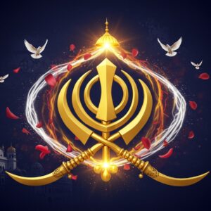 A majestic golden Khanda symbol radiating divine light against a deep midnight blue background, intricately detailed with traditional Sikh patterns and motifs. The central double-edged sword gleams with metallic brilliance, flanked by two curved kirpans with ornate handles. The chakkar (circular quoit) in the center features delicate geometric patterns. Surrounding the Khanda are ethereal, flowing streams of saffron and white light, creating a dynamic spiral effect. In the background, subtle architectural elements of a Gurudwara dome and intricate jali work are visible. The scene is enhanced with floating lotus petals and peaceful doves in flight. The art style combines photorealistic metallic textures with magical surreal lighting effects, creating a harmonious blend of traditional symbolism and modern digital art aesthetics. The overall composition suggests power, spirituality, and divine protection, with a color palette of gold, deep blue, saffron, and silver.