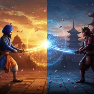 A dramatic face-off scene featuring two warriors in traditional attire - an Indian Sikh warrior in blue and gold clothing holding a gleaming Khanda sword with its characteristic broad, double-edged blade and distinctive handle, facing a Japanese samurai in traditional dark red armor holding a curved Katana with its distinctive hamon pattern. Both swords crossing in the center, creating sparks of golden light. The background split diagonally - one side featuring ancient Indian architecture with intricate Madhubani patterns and warm saffron tones, the other side showing Japanese pagodas and cherry blossoms in deep blues and reds. Mystical energy swirls around both blades, the Khanda emanating a bright golden aura while the Katana radiates a deep blue glow. The scene illuminated by a dramatic sunset casting long shadows, with detailed metallic reflections on both blades. Floating lotus petals and cherry blossoms intermingling in the air. Art style combining hyperrealistic metallic textures with ethereal lighting and traditional Indian artistic elements, rendered in high-detail digital art style. Perspective from slightly below to emphasize the epic nature of the scene.