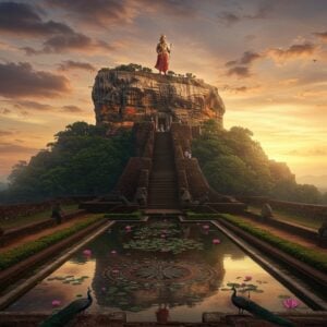 A majestic Indian king in royal attire (golden crown, elaborate jewelry, silk robes in deep maroon and saffron) standing atop the iconic Sigiriya rock fortress during sunset, his silhouette dramatic against an ethereal sky filled with swirling clouds in shades of orange and purple. The fortress is intricately detailed with ancient Sri Lankan architecture, featuring the famous lion's paw entrance and colorful frescoes. In the foreground, there's a reflecting pool surrounded by perfectly manicured gardens with symmetrical patterns inspired by Madhubani art. The scene is illuminated by warm, golden light casting long shadows, with floating lotus petals and peacocks in the gardens below. The atmosphere combines grandeur with mysticism, showing both the king's power and his isolation. The art style merges hyperrealistic architectural details with surreal lighting and traditional South Asian artistic elements, creating a cinematic quality. Multiple levels of the fortress are visible, with tiny figures of palace guards and courtiers visible on various terraces, emphasizing the scale and majesty of Sigiriya.