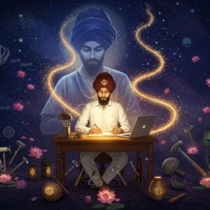 A serene night scene showing a young Sikh man in modern professional attire working diligently at a wooden desk illuminated by warm golden light, his turban neatly tied. Behind him, a translucent ethereal vision shows the same man in traditional Khalsa warrior attire, representing spiritual elevation through honest work. The background features intricate Gurmukhi patterns and motifs floating in a cosmic space, with the Khanda symbol subtly glowing in deep blue. Golden streams of light form a pattern of interconnected hands representing service and labor, spiraling upward. In the foreground, tools of various professions - both modern and traditional - are arranged in a mandala pattern, each emitting a soft spiritual glow. The scene is completed with floating lotus flowers and peacock feathers, while the color palette focuses on deep blues, royal purples, and warm golds. The art style combines modern digital art with traditional Indian miniature painting techniques, creating a surreal yet grounded atmosphere. The lighting emphasizes the spiritual transformation through work, with divine rays streaming down from above.
