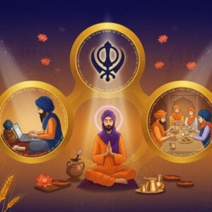 A serene digital illustration showing three interconnected golden circles forming a modern triangular mandala, each circle containing a symbolic representation: first circle shows hands diligently working on a laptop with traditional artifacts nearby representing Kirat Karo, second circle depicts a young Sikh person in contemporary clothes meditating with a subtle purple aura representing Naam Japo, third circle shows people sharing food at a modern langar with sleek steel utensils representing Vand Chhako. The background features a subtle Ik Onkar symbol in warm golden light, floating ethereal patterns inspired by Gurmukhi calligraphy. The color palette combines deep royal blue, saffron, and gold with modern gradient effects. Soft beams of light emanate from the centers of each circle, creating a harmonious glow. The style merges traditional Sikh artistic elements with contemporary digital art techniques, incorporating sacred geometry and minimalist design elements. The scene is framed by stylized wheat stalks and lotus flowers, symbolizing prosperity and spirituality.