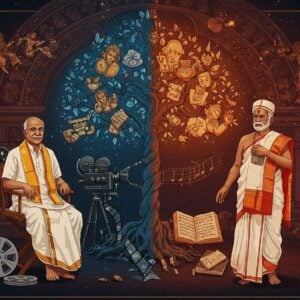 A richly detailed portrait composition featuring two distinguished Indian men in traditional Telugu attire against an ornate background. The left figure represents Kona Prabhakara Rao, wearing a crisp white dhoti and kurta with a golden shawl, seated in a director's chair with vintage film reels and camera equipment surrounding him. The right figure depicts Kanagal Prabhakara Shastry in traditional Telugu pandit attire with angavastram, surrounded by ancient Telugu manuscripts and palm leaf writings. Between them, a large symbolic tree grows, its branches morphing into film strips on one side and Telugu literary symbols on the other. The background features a grand Telugu theater arch with intricate Kalamkari patterns in deep maroon and gold. Floating musical notes, dance mudras, and literary symbols in golden hues create a dreamy atmosphere. The scene is illuminated by warm, ethereal lighting with soft glowing mandalas in the background. The art style combines traditional Andhra Pradesh temple art patterns with modern digital aesthetics, using a color palette of deep blues, burgundy, and gold with accents of saffron. The composition should have a surreal, timeless quality while maintaining photorealistic features of the personalities.