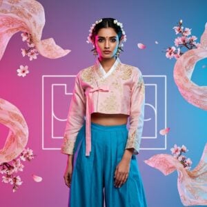 A stunning young Indian woman in a fusion outfit - a cropped pastel pink hanbok-inspired top with delicate gold embroidery paired with a flowing palazzo in peacock blue, standing confidently in a modern setting. She's flanked by floating traditional Indian mandala patterns in soft gold and Korean cherry blossoms. The background features a gradient from K-pop inspired neon pink to serene blue, with subtle Korean street fashion elements like minimalist geometric shapes and fashion boutique silhouettes. The woman wears contemporary Korean-style makeup with traditional Indian jewelry, her hair styled in a modern Korean wave pattern with small braids adorned with jasmine flowers. The lighting is dreamy and ethereal, creating a soft glow around her. The scene includes floating fashion elements like delicate fabric swirls in both Korean and Indian patterns, creating a harmonious blend of both cultures. The art style combines digital aesthetics with Madhubani-inspired intricate details, rendered in a high-fashion editorial style.