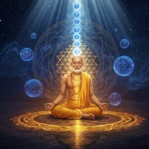 Ethereal portrait of an Indian sage in deep meditation, seated in Padmasana on a glowing lotus platform floating in cosmic space. His form radiates concentric rings of golden light depicting energy channels. Behind him, a large intricate Sri Yantra mandala in shimmering gold and deep blue floats, with subtle sacred geometry patterns emerging from its center. Multiple translucent spheres of blue and violet light spiral around the figure, representing the chakras. The background features a mystical night sky with stars forming the shape of the spine and subtle nervous system. Soft beams of white light descend from above, while wisps of ethereal energy in saffron and peacock blue colors swirl in Kundalini patterns. The sage wears simple white dhoti with golden border, eyes closed in peaceful meditation, with a subtle smile. The scene combines Madhubani-style decorative elements with modern digital art techniques, featuring a dramatic interplay of light and shadow. The overall composition suggests both deep spirituality and scientific precision, with floating geometric patterns and energy pathways illustrated in a contemporary aesthetic.