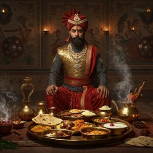 A majestic Indian warrior-king in ornate golden armor and red silk dhoti seated at an elaborate bronze thali, surrounded by traditional Rajasthani architectural elements. The thali contains historically accurate Kshatriya dishes - game meat, ghee-rich preparations, and robust spices. Behind him, intricate Madhubani-style wall paintings depict hunting scenes and battle formations. The lighting is dramatic with warm golden hues from traditional brass oil lamps. The scene includes authentic medieval Indian weapons like curved talwars, ceremonial shields, and spears mounted on the walls. In the foreground, steam rises artistically from the food, with saffron strands and curry leaves floating in the air. The warrior's posture is regal yet battle-ready, wearing period-accurate jewelry including a heavy gold chain and precious gems. The color palette focuses on deep crimsons, burnished golds, and rich earth tones. The composition blends photorealistic details with ethereal Indian artistic elements, creating a surreal atmosphere that bridges ancient traditions with modern aesthetics. 8k resolution, cinematic lighting, hyperrealistic details.