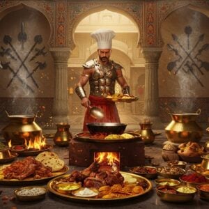 A majestic Indian warrior kitchen scene set in a grand palace courtyard, featuring a muscular Rajput chef in traditional armor and angarkha preparing food on an elaborate brass thali. The scene includes ancient cooking vessels made of copper and brass, arranged around a traditional chulha with dancing flames. In the background, ornate marble pillars adorned with intricate Rajasthani patterns and metallic weapons like talwars and spears displayed on walls. The foreground showcases rich, protein-heavy dishes - game meat, ghee-rich preparations, and colorful spices in brass bowls. Soft golden light filters through carved jharokhas, creating dramatic shadows. The scene incorporates Madhubani-style border patterns with warrior motifs in deep maroon, saffron, and gold tones. Smoke rises artistically, carrying aromatic spices, while peacock feathers and royal insignias add regal touches. The lighting emphasizes the metallic gleam of cookware and armor, creating a harmonious blend of warrior culture and culinary artistry. Hyperrealistic digital art style with rich textures and dramatic lighting.