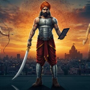 A majestic Indian warrior in contemporary athletic wear seamlessly blending with traditional Kshatriya armor, standing atop a modern skyscraper terrace. He wears a sleek kevlar-inspired chest plate with traditional Sanskrit patterns, modern combat boots merged with ancient Indian leg armor. In his right hand, he holds a traditional sword reflecting city lights, while his left hand holds a modern tablet displaying ancient Sanskrit texts. Behind him, a panoramic view shows a modern Indian metropolis transitioning into an ancient kingdom through a gradient effect. The sky features a large, intricate mandala in deep saffron and gold. Two transparent figures appear on either side - one a historical Kshatriya warrior in full traditional armor, another a modern Indian police officer/soldier, symbolizing the evolution. Floating elements include ancient weapons (bow, arrow, shield) morphing into modern equivalents. The lighting combines modern neon city lights with traditional golden temple lamps. The art style merges hyperrealistic digital art with traditional Pattachitra patterns in the details. The warrior's face shows determination and wisdom, with a tilak on his forehead. The overall color palette features deep blues, metallic golds, saffron, and maroon with subtle spiritual aura effects.