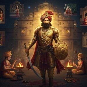 A majestic Indian Kshatriya warrior in ornate golden armor stands tall in the center, wielding a gleaming sword in his right hand and a traditional shield in his left, against a backdrop of an ancient Indian palace with intricate Rajasthani architecture. He wears a royal turban adorned with precious gems and peacock feathers. The scene is illuminated by warm, golden light filtering through ornate jharokhas. In the background, a grand royal durbar ceremony unfolds with traditional fire rituals (havans) being performed. Multiple smaller scenes float ethereally around the central figure: a sacred thread ceremony, warriors performing shastra puja (weapon worship), and a royal coronation ritual. The color palette features deep royal blues, rich crimsons, and burnished golds. Intricate Madhubani-style patterns frame the composition, while subtle mandala designs radiate outward in a celestial pattern. The lighting creates a dramatic interplay of light and shadow, emphasizing the spiritual and regal atmosphere. The style combines photorealistic detail with traditional Indian art elements, creating a surreal yet authentic aesthetic.