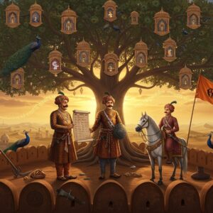 A majestic scene depicting three generations of noble Rajput warriors standing atop a grand sandstone fortress in Rajasthan at golden hour. The eldest warrior wears traditional armor adorned with gold filigree and holds an ancient scroll showing genealogical records, while the middle-aged warrior stands proud in royal attire with a jeweled sword and shield bearing family insignia. The youngest warrior, mounted on a white stallion, carries a saffron flag with their clan symbol. In the background, a massive family tree emerges from the desert landscape, its branches adorned with different Rajput clan symbols and medieval fort silhouettes. The scene features intricate Rajasthani miniature painting style details merged with modern digital art techniques. Rich colors of deep maroon, royal blue, and burnished gold dominate. Ethereal light streams through the branches, illuminating ancient Sanskrit texts floating in the air. The warriors' faces show strong, proud features with traditional mustaches and turbans. Peacocks, symbolizing nobility, perch on the fortress walls, while ancient weapons and royal seals are artfully arranged in the foreground.