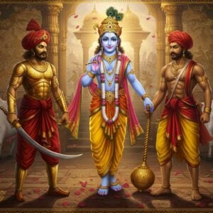 A majestic scene depicting two noble warriors - one a regal Kshatriya warrior in golden armor and red turban wielding a curved sword, standing beside a muscular Yadav cowherd in traditional dhoti with a powerful mace, against a stunning backdrop of ancient Indian architecture. Between them stands Lord Krishna in his divine form, wearing a peacock-feathered crown and yellow dhoti, symbolizing the bridge between both communities. The scene features intricate Madhubani-style border patterns with motifs of cows, peacocks, and traditional weapons. The lighting is dramatic with golden rays filtering through ornate palace pillars, casting meaningful shadows. In the background, a detailed mural shows historical scenes of both communities fighting together in battles. The color palette focuses on royal blues, saffron, gold, and earth tones. The scene has a mystical quality with subtle mandala patterns glowing in the sky and floating lotus petals. Artwork style combines hyperrealistic digital art with traditional Indian art elements, creating a contemporary yet culturally authentic aesthetic.