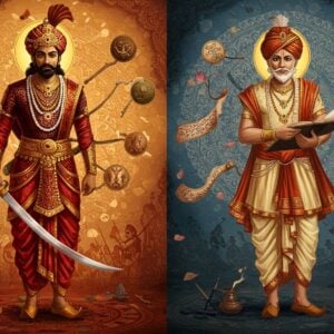 A grand split-screen composition showcasing two distinct Indian nobleman, divided by an ornate golden mandala. On the left, a regal Kshatriya warrior in rich maroon and gold armor, wielding a gleaming sword, adorned with precious gems and a royal turban. On the right, a dignified Kayastha scholar in elegant cream-colored dhoti and angarkha, holding ancient scrolls and a peacock feather pen, surrounded by Sanskrit manuscripts. Both figures stand against intricate Madhubani-style backgrounds - the Kshatriya's side featuring battle scenes and royal emblems in deep reds and golds, while the Kayastha's side shows administrative seals and literary motifs in peacock blues and earthy browns. Floating lotus patterns connect both sides, with soft glowing orbs of light creating an ethereal atmosphere. The artwork combines hyperrealistic character details with traditional Indian art patterns, creating a seamless blend of classical and contemporary aesthetics. Subtle symbols of their respective duties - swords, shields, and royal insignias for Kshatriya; scrolls, inkpots, and administrative seals for Kayastha - float in the background in a dreamy, surreal manner.