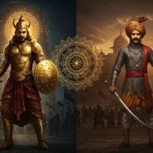 A majestic split-screen composition showing two powerful Indian warriors side by side - on the left, an ancient Kshatriya warrior in ornate golden armor adorned with Sanskrit symbols, wielding a curved sword and shield, standing against a backdrop of an ancient temple with intricate carvings. On the right, a medieval Rajput warrior in traditional armor with chainmail and decorated turban, holding a long sword and spear, with a grand Rajasthani fort behind him. Both warriors emanate a divine aura with subtle golden light. The scene features rich, deep colors - royal blues, deep maroons, and burnished golds. Intricate Madhubani-style patterns flow through their armor and weapons. Between them floats a large, ornate mandala pattern in shimmering gold. The lighting is dramatic with warm undertones, creating a mystical atmosphere. The background shows symbolic elements like charging horses, royal elephants, and battle flags. Photorealistic style merged with traditional Indian art elements, 4K quality, cinematic composition, dramatic lighting.