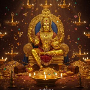 A majestic golden Kubera sitting cross-legged on an ornate throne, adorned with precious gems and gold ornaments, holding a golden pot of wealth in his right hand and lotus in his left hand. He is surrounded by a mesmerizing array of traditional brass oil lamps (deepam) arranged in a geometric mandala pattern, their flames creating a warm, ethereal glow. The scene is set in a divine treasury filled with heaps of gold coins, jewels, and treasure chests. Floating sacred lotus flowers and currency symbols appear as golden light particles in the air. The background features intricate Madhubani-style patterns in deep maroon and peacock blue, with subtle representations of the eight directions Kubera guards. A large, central brass lamp in front emits a particularly bright, divine light that forms a protective aura. The lighting is magical and warm, with golden rays streaming through the scene. The art style combines traditional Indian temple art with modern digital aesthetics, creating a rich, detailed, and spiritually uplifting atmosphere. Rendered in ultra-detailed, cinematic style with volumetric lighting.