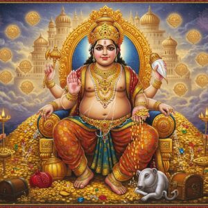 A majestic Indian deity Kubera seated on a golden throne adorned with gems and jewels, wearing ornate golden crown and rich royal attire with intricate patterns. He has fair complexion, rotund belly, and three legs. In his four hands, he holds a mace (gada), a money bag (golden pouch), a pomegranate, and a conch shell. His throne is surrounded by heaps of gold coins, precious gems, and treasure chests. Behind him stands his grand palace in Alaka, with its architecture featuring Indo-Lankan style with golden domes and intricate carvings. Nine Nidhis (treasures) represented as glowing orbs float around him. His vehicle, the white mongoose, sits at his feet. The scene is set in a mystical atmosphere with soft golden light streaming through clouds, while celestial beings (Yakshas and Kinnaras) in traditional Indian attire attend to him. Incorporates elements of Madhubani and Pattachitra art styles with modern digital aesthetics, using rich colors like deep gold, royal blue, and crimson. The background features subtle mandalas and lotus patterns with a ethereal glow.
