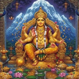 A majestic Lord Kubera seated on a golden throne adorned with intricate Madhubani patterns, wearing royal yellow silk dhoti and elaborate golden jewelry. His four hands holding a mace, a pomegranate, a money bag, and golden coins showering down. His complexion is luminous yellow-gold, wearing a serene expression with a rounded belly symbolizing abundance. Behind him, a massive modern interpretation of Mount Kailash rendered in ethereal blue and white crystalline forms. The foreground features a ornate golden Yaksha doorway with flowing water creating reflective pools filled with lotus flowers and golden coins. Swirling energy patterns in deep purple and gold create an aura of divine wealth. The scene is illuminated by soft, mystical lighting with floating diyas casting warm glows. Peacocks with jeweled feathers frame the sides, while small treasure chests overflow with gems and precious metals. The art style combines traditional Indian Pattachitra elements with contemporary digital art techniques, emphasizing rich metallic textures and supernatural lighting effects.