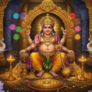 A majestic Lord Kubera seated on a golden throne adorned with precious gems, depicted in traditional Indian form with rotund belly symbolizing abundance, wearing rich golden dhoti and ornate crown. His right hand holds a golden mace, left hand holds a money bag overflowing with gold coins. Behind him, a massive ornate door of his treasury partially open revealing mountains of gold, jewels, and precious stones. The scene is set in a divine chamber with intricately carved pillars featuring Madhubani-style patterns. Surrounding him are eight Nidhis (treasures) represented as glowing orbs in different colors. The foreground shows a beautifully decorated yantra with Sri Kubera Beeja mantra symbols, emanating soft golden light. Two ethereal white celestial elephants stand guard on either side. The lighting is mystical with golden rays filtering through the scene, creating an atmosphere of divine opulence. The color palette focuses on rich golds, royal purples, and deep emeralds. Crystal formations and blessed coins are scattered in the foreground, each emitting a subtle spiritual glow. Modern digital art style with photorealistic textures and magical lighting effects, while maintaining traditional iconography.