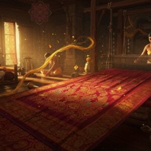 A resplendent scene of an opulent Indian silk workshop bathed in golden morning light, featuring master artisans meticulously weaving Kubera Pattu silk on traditional wooden looms. The central focus is a magnificent silk fabric in deep crimson and royal purple, adorned with intricate zari work depicting peacocks, lotus motifs, and geometric patterns in pure gold thread. The silk appears to shimmer with an otherworldly glow, with delicate light rays catching the metallic threads. In the background, floating translucent mandalas and traditional Indian patterns create a mystical atmosphere. The color palette includes rich jewel tones - deep maroon, royal purple, emerald green, and abundant gold accents. The scene is styled in a fusion of traditional Madhubani art and modern digital aesthetics, with ornate borders and patterns typical of South Indian temple architecture. Ethereal floating silk threads in gold create a magical aura around the fabric. The lighting is warm and dramatic, emphasizing the luxurious texture and sheen of the silk. Hyperrealistic rendering with a touch of surreal elegance, 8k resolution, cinematic lighting.